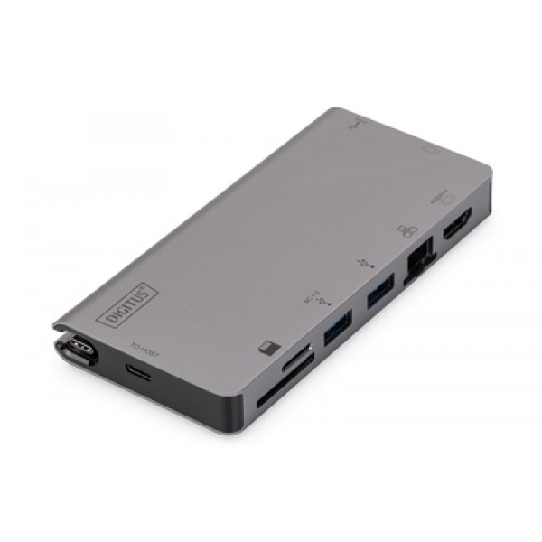 DIGITUS USB-C Multiport Travel Dock, 8 Port, Grau 2x Video, 2x USB-C, 2x USB3.0, RJ45,2x Kartenleser